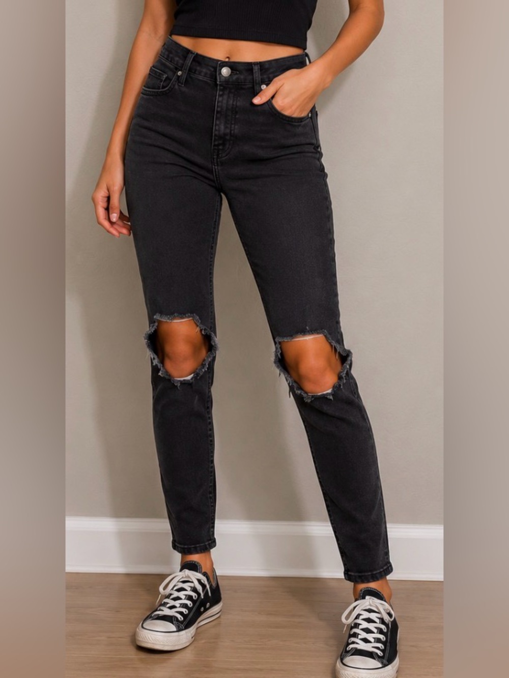 Free People Jeans Midnight Distressed Cropped Ankle Vintage Black Skinny Denim
